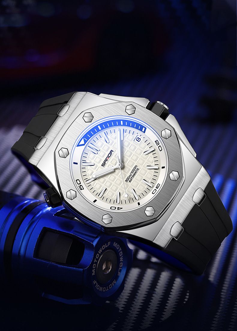 Automatisch mechanisch herenhorloge met lichtgevende wijzers en datumweergave, ronde wijzerplaat van 48 mm, siliconen band, waterbestendig voor casual en sportieve kleding._voghion.com