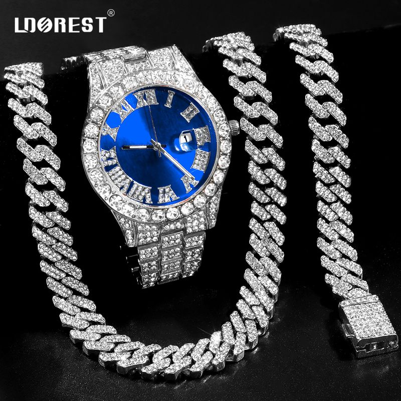 Collana con orologio da uomo Hip Hop Iced Out AAA con catena cubana a 2 file e orologio + bracciale + set punk rapper_voghion.com