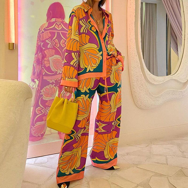 Women's fashion matching suit personalized printed long-sleeved shirt loose straight pants two-piece set for women_voghion.com