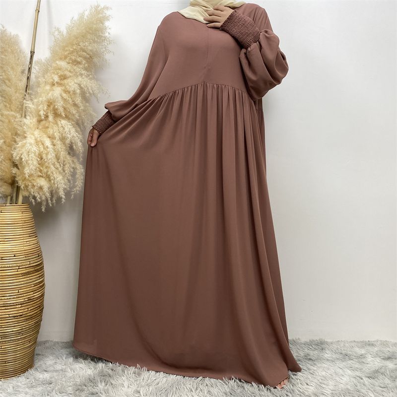 Women's Muslim simple solid color pleated elastic cuffs with front zipper full lining elegant chiffon dress _voghion.com