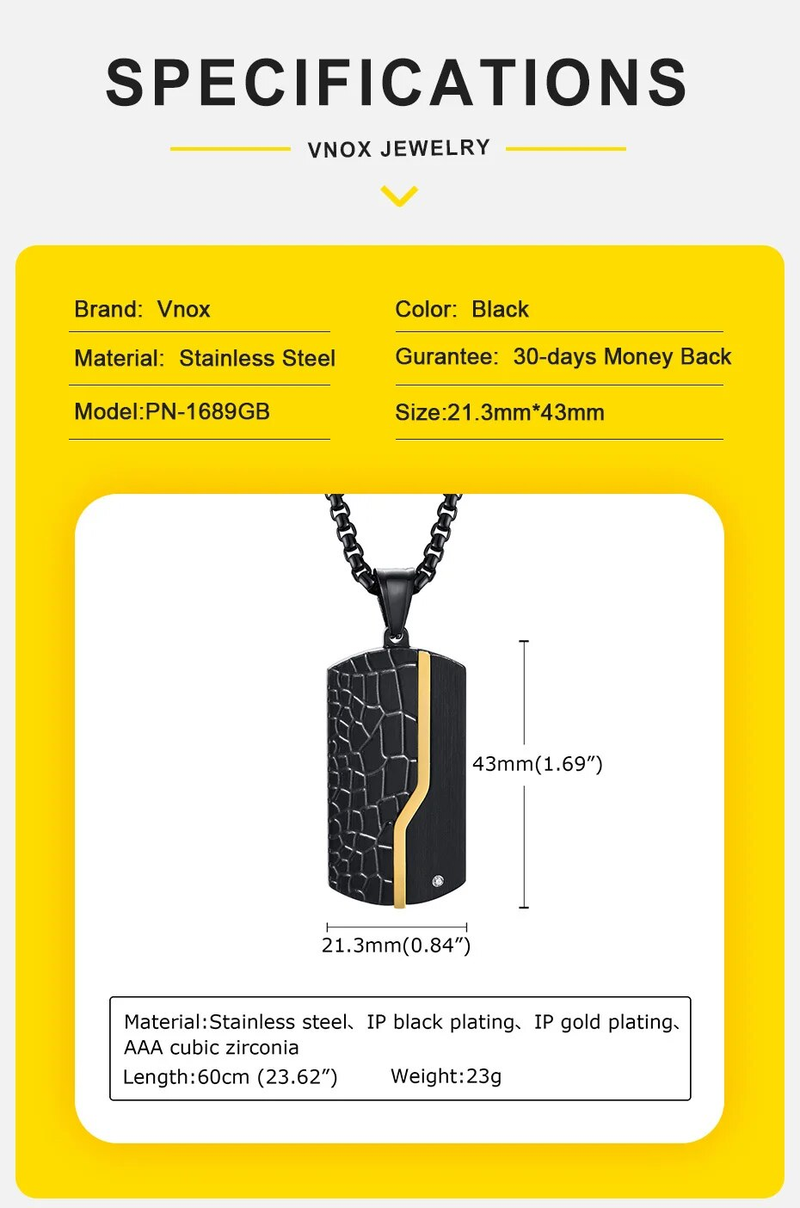 Modische Vnox Iced Out Dog Tag-Halsketten für Herren, Rock Punk Schwarz und Goldfarbenes Edelstahl-Halsband mit geometrischem Anhänger, Geschenke_voghion.com