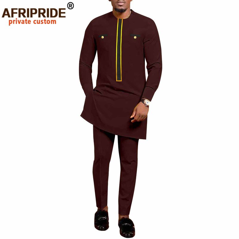 Männer Kleeder afrikanesch ethnesch zolidd Faarf Kotteng Männer Casual Jacket + Hosen_voghion.com