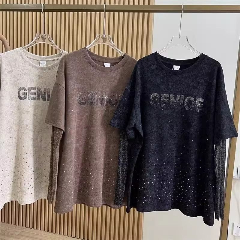 Abbigliamento da donna Taglia extra large 2 300 catties mm di spessore lettera pesante piena di stelle design a diamante caldo due pezzi maglietta a maniche lunghe in seta dorata da donna_voghion.com