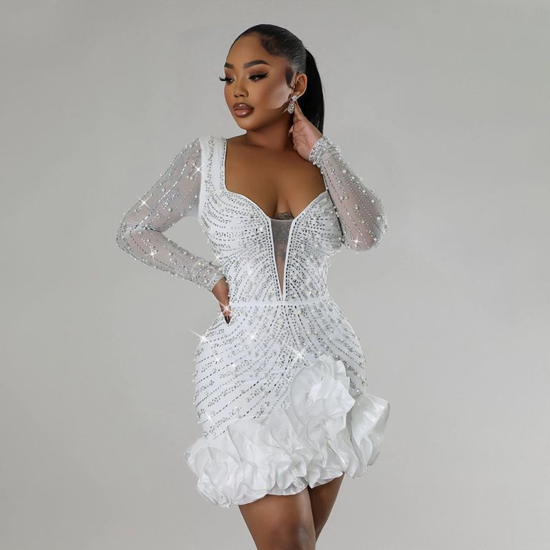 Women's Clothing Fashion Heavy Duty Hot Diamond Beading Ruffle Stitching Sexy Tight Hip Dress_voghion.com