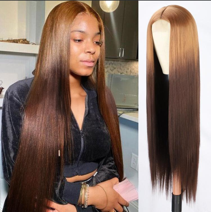 Unisex parykker til kvinder, langt glat hår, pandehår med syntetiske fibre, lille blonde pianofarvet paryksæt med highlights_voghion.com