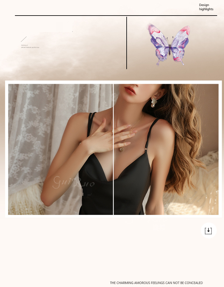 Sieviešu apģērbs Guiruo Slim Fit Sexy Pure Desire Butterfly Backless Satīna pāļu apkakle Sieviešu liela izmēra mājas naktskreklu komplekts_voghion.com
