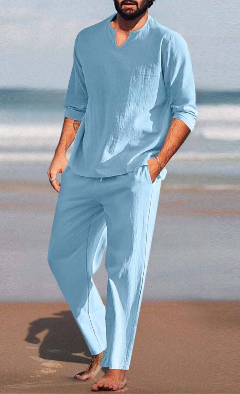 Abito casual da uomo in cotone e lino elasticizzato, tinta unita e con tasche_voghion.com