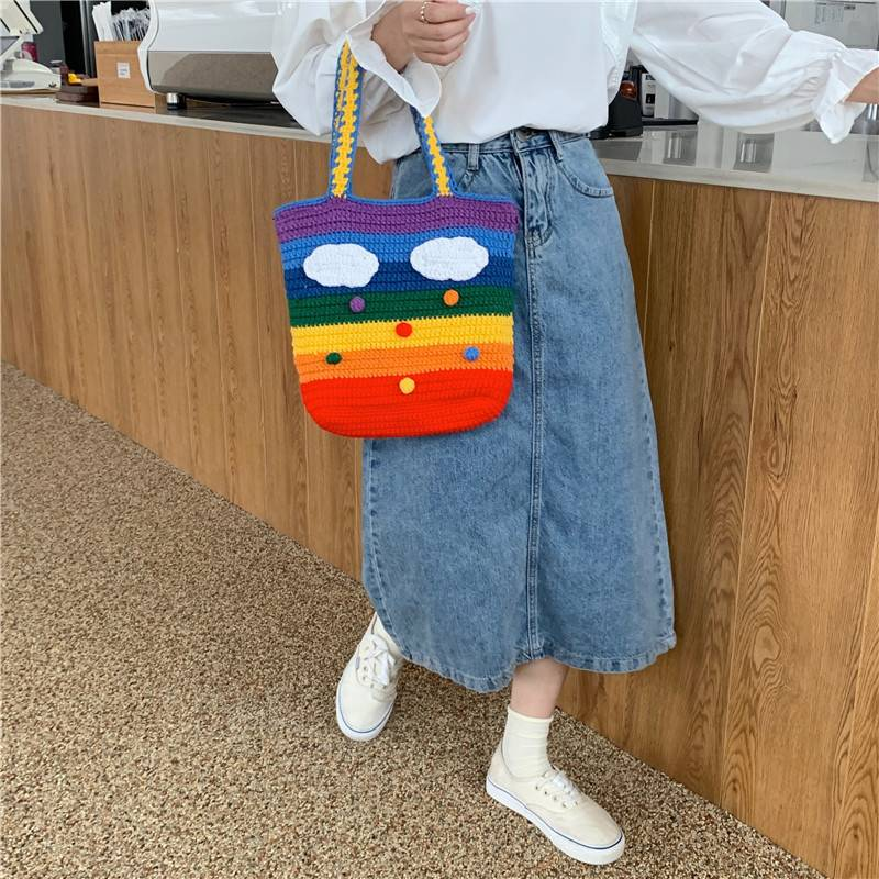 Pride Month Regenbogen Stricktaschen-Set – Mini & Große koreanische Häkeltasche, süße handgemachte Schultertasche für Mädchen (LGBTQ+ Geschenk)_voghion.com