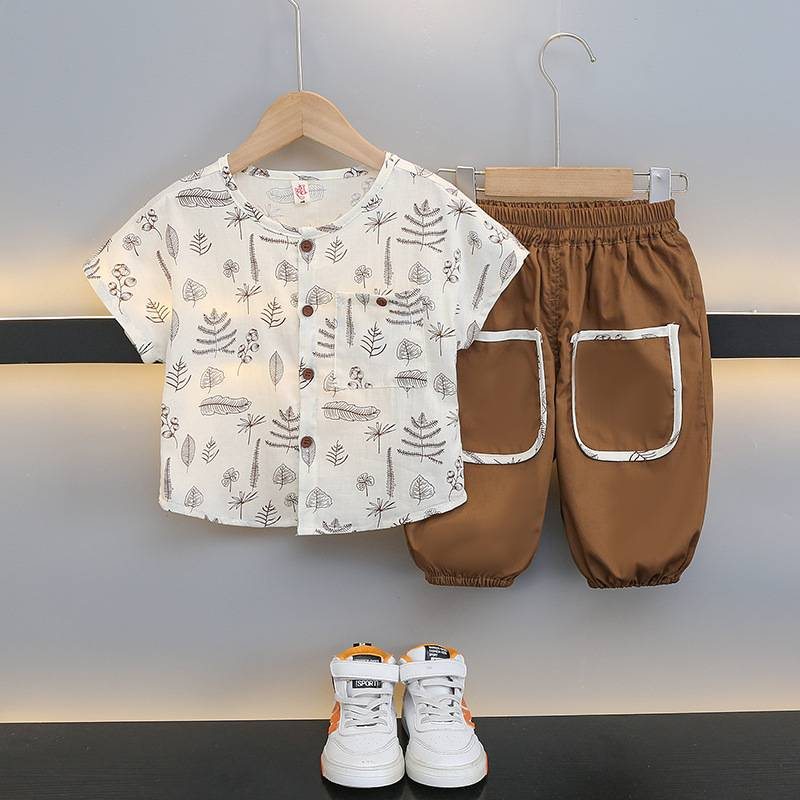 Completo estivo per bambini, 2 pezzi, camicia a maniche corte e pantaloni di media lunghezza, in morbido misto cotone, traspirante e leggero, stampa floreale, per bambini e bambine._voghion.com