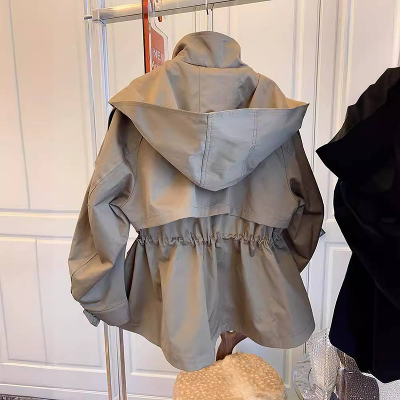 Abbigliamento da donna Giacca oversize elegante da donna con coulisse in vita - Cappotto corto casual per primavera e autunno (nero/kaki, S/M/L/XL)_voghion.com