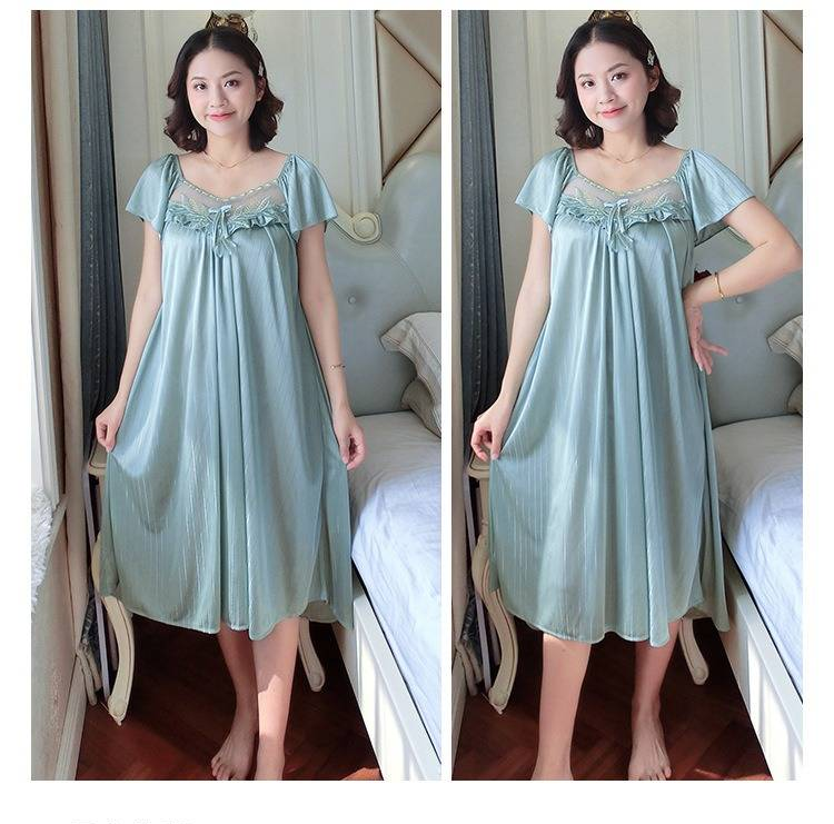 Women Ice Silk Sleepwear Set Nightdress Homewear Nightwear Pyjamas Female Lace Sleepwear V-neck Nightgown Plus Size_voghion.com
