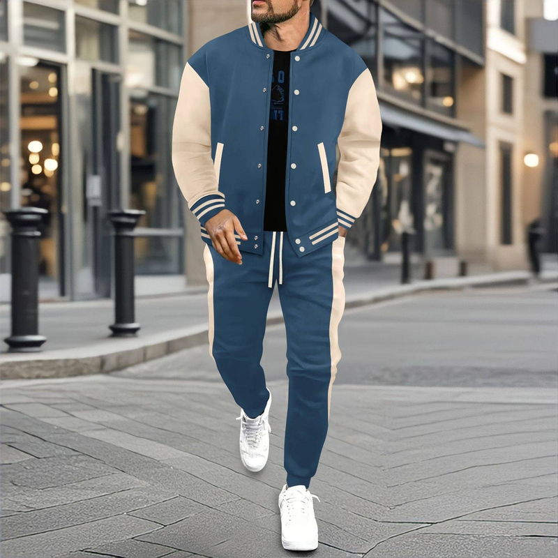 Men's Baseball Jacket & Jogger Set - Casual Contrast Panel Zip-Up Track Suit With Elastic Cuffs_voghion.com