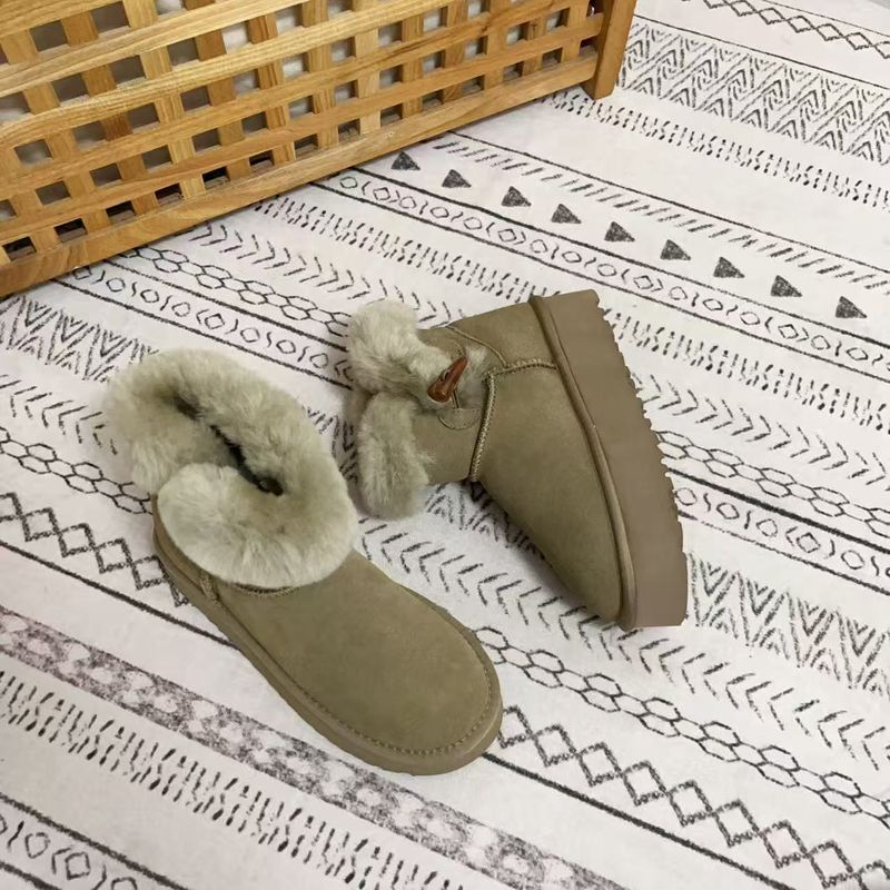 Winter New Short Boots, Cowhide And Wool Snow Boots For Women, Cow Horn Buckle Thick Sole For Warmth And Anti Slip, Thick Snow Boots_voghion.com