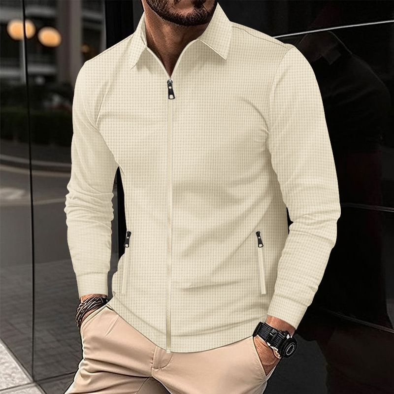 Men's Clothing Men's Waffle Knit Zip-Up Jacket With Stand Collar - High Street Casual Autumn Coat For Men_voghion.com