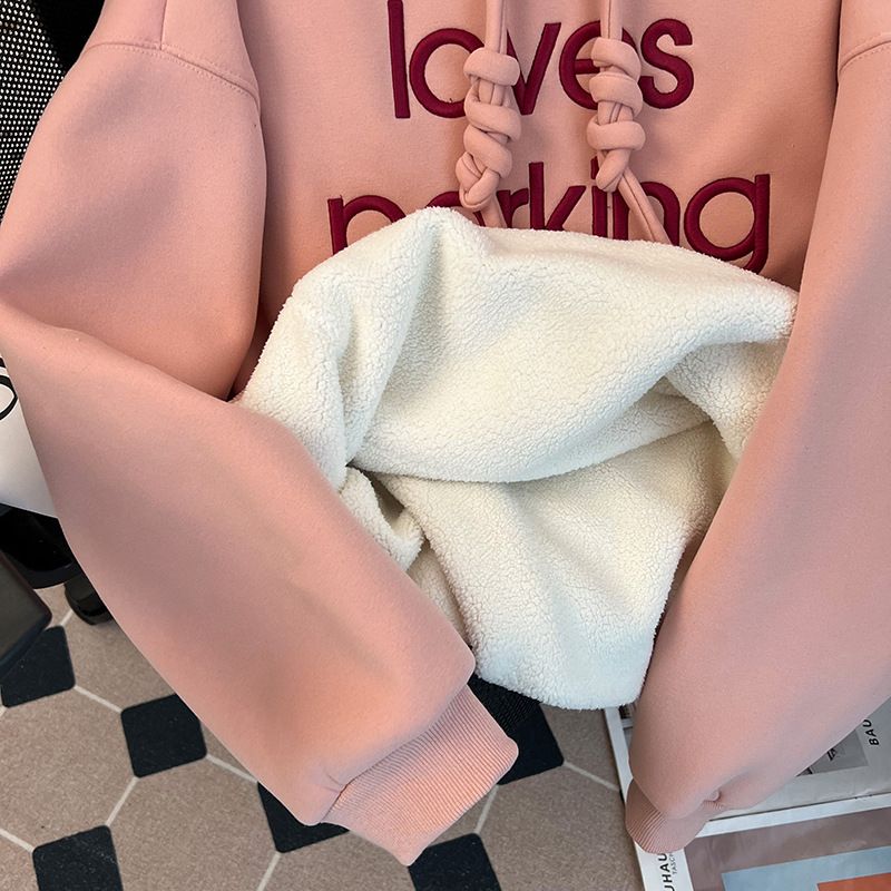 Women's Clothing plush sweatshirt with embroidered flowers for autumn and winter warm tops, thickened and loose large size women's hooded sweatshirt_voghion.com