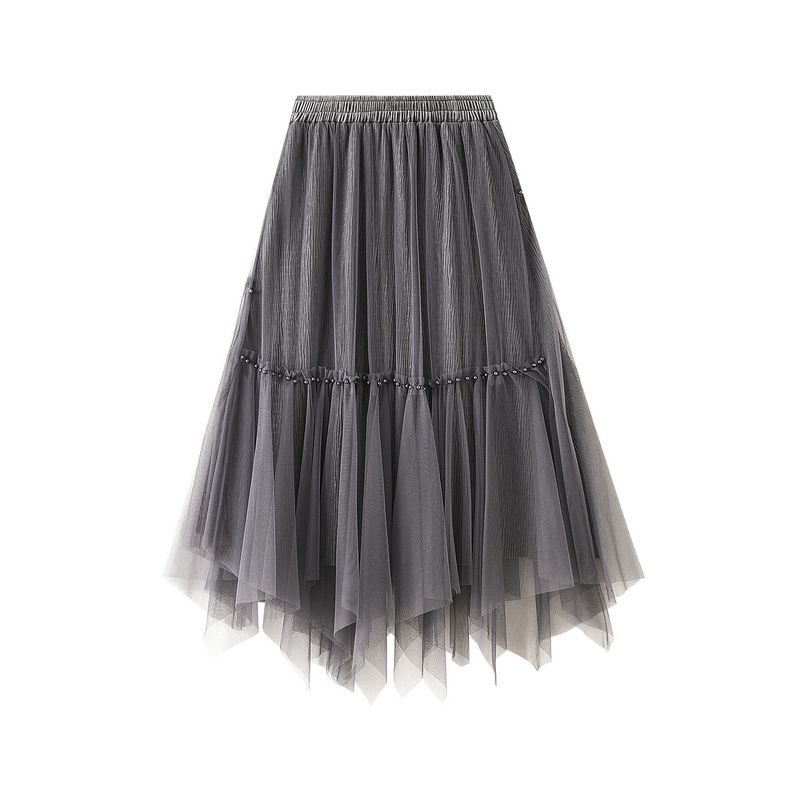 Gonna a rete di media lunghezza, tinta unita, versatile, snellente, con perline, elastica in vita, alla moda, autunno 2025, 0890_voghion.com