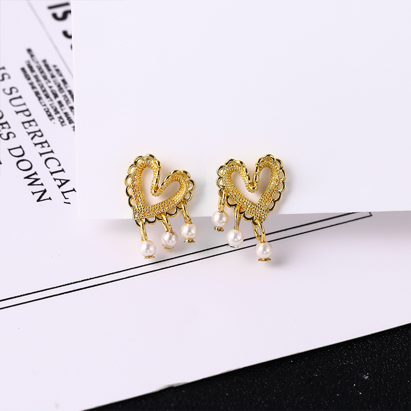 Orecchini a bottone con perle a forma di cuore asimmetrico in argento Sterling VENUS Fashion, vintage da donna, con frange a forma di cuore_voghion.com