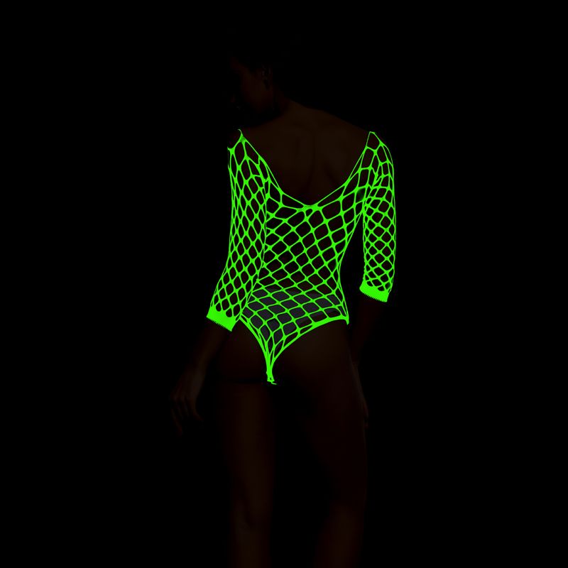 2025d Sexy Dessous Night Glow Aushöhlen Mesh Bodysuit Leuchtende Strümpfe Drei-Punkt Bikini Langarm Yg494_voghion.com
