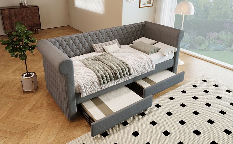 Canapé-lit vintage capitonné 90 x 200 cm, méridienne avec 2 tiroirs de rangement, sommier à lattes en bois, cadre de lit enfant et adolescent, tissu lin, gris (matelas non inclus)_voghion.com
