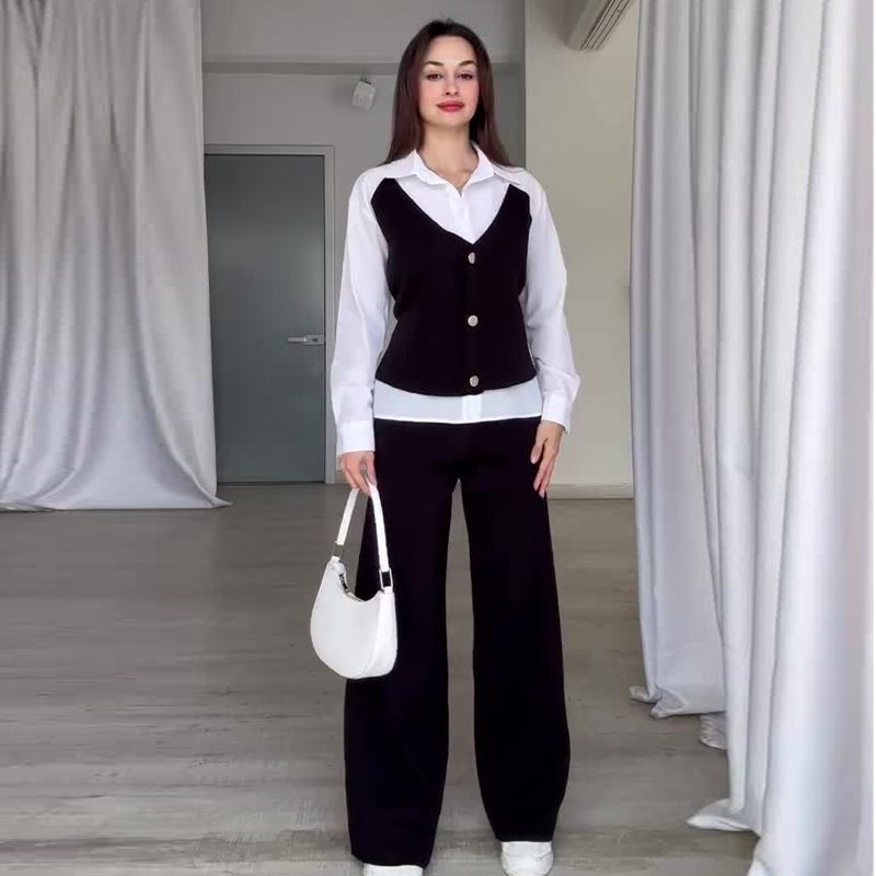 Vêtements pour femmes Couleur unie Col en V Slim Fit All Match Gilet Pantalon Ensemble deux pièces_voghion.com