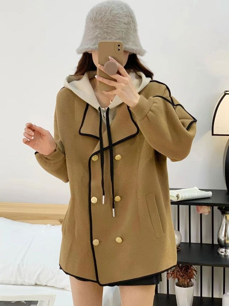 Damenbekleidung zweiteiliger Wollmantel mit Kapuze für Damen Herbst 2024 neuer gestrickter Spleißdesign-doppelseitiger Wollmantel_voghion.com