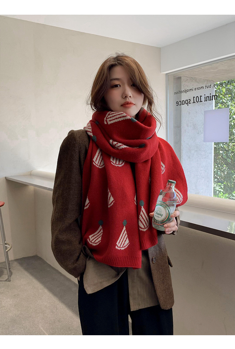 Leichter Luxusdesigner, großer, personalisierter, bedruckter Strickschal für Damen, originell, winddicht, verdickt, warm, vielseitig, kariert, gestrickt, rot, Weihnachtsschal_voghion.com