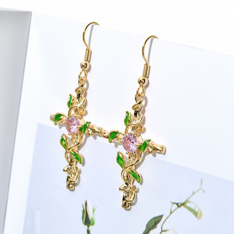 Lussuosi e squisiti orecchini a gancio lunghi, croce avvolta in vite, orecchini a goccia di zirconia a olio con foglia verde, orecchini in stile metallo fresco e alla moda_voghion.com
