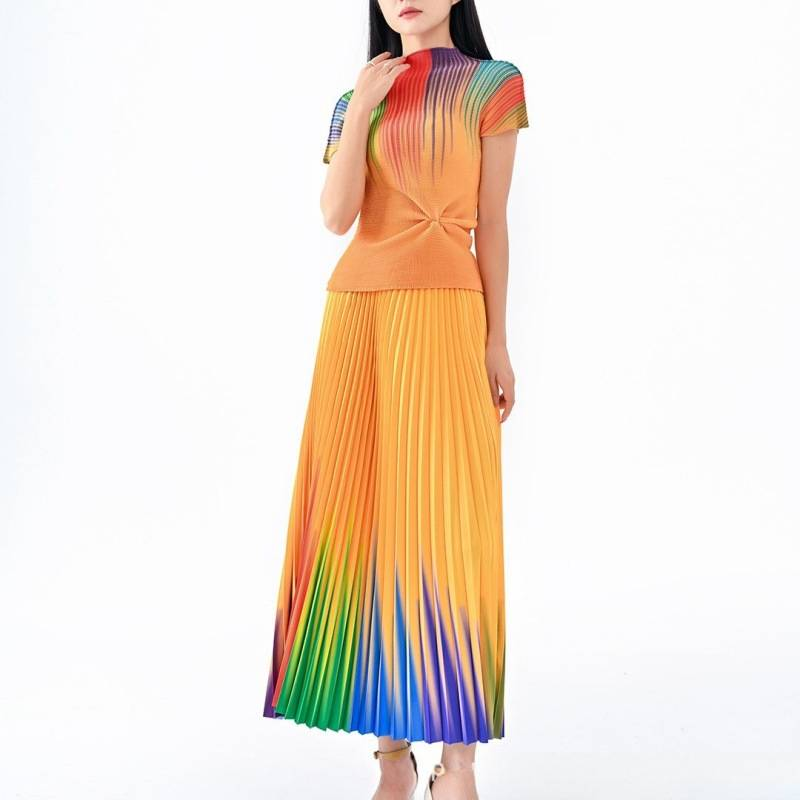 Vêtements pour femmes, imprimé arc-en-ciel, jupe ample à manches courtes, costume deux pièces pour femmes_voghion.com