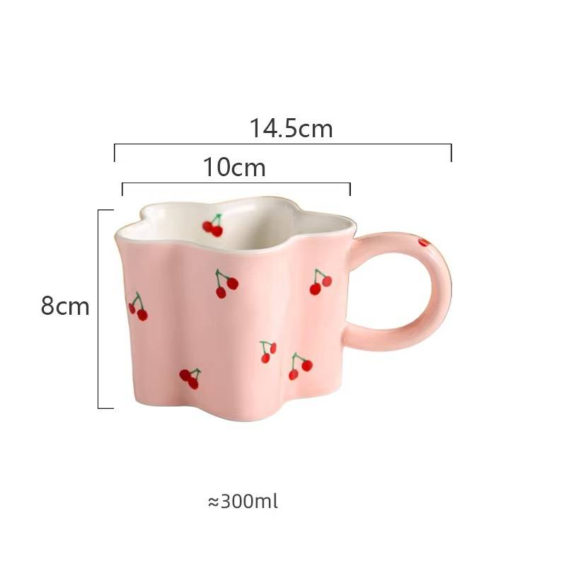 Keramiktassen mit Cartoon-Kirschdruck, unregelmäßige Blumenformen, Kaffeetasse, Kindermilchtassen, Geburtstagsgeschenk für Mädchen_voghion.com