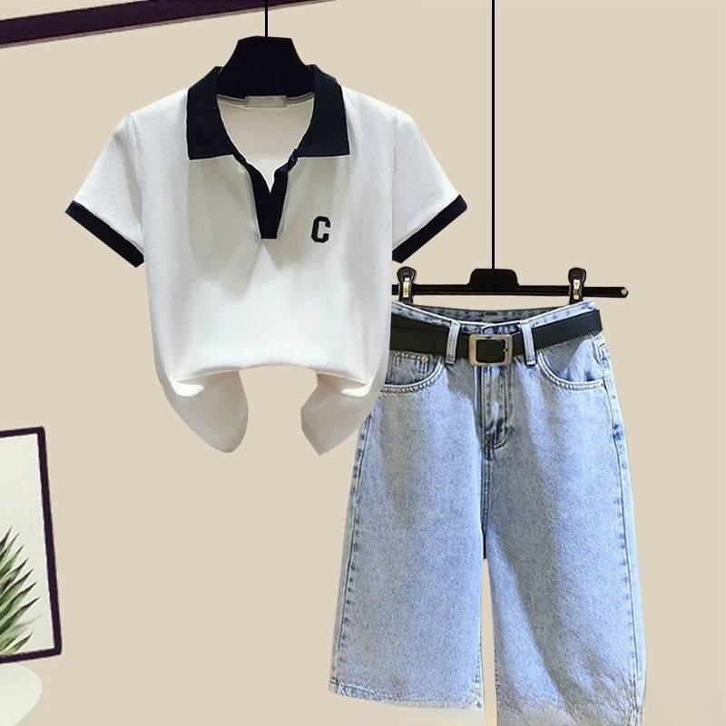 Damenbekleidung Jeansshorts-Set Sommer Polokragen Kurzarm-T-Shirt + Jeansshorts mit weitem Bein Komplettset_voghion.com