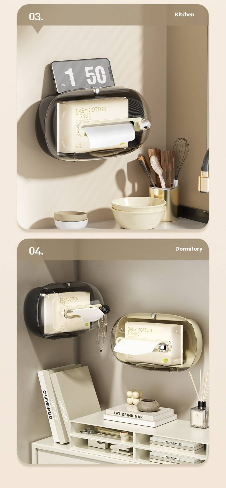 Porta fazzoletti da parete – Distributore di carta impermeabile e salvaspazio per bagno e soggiorno, contiene fazzoletti estraibili standard (bianco/nero)_voghion.com