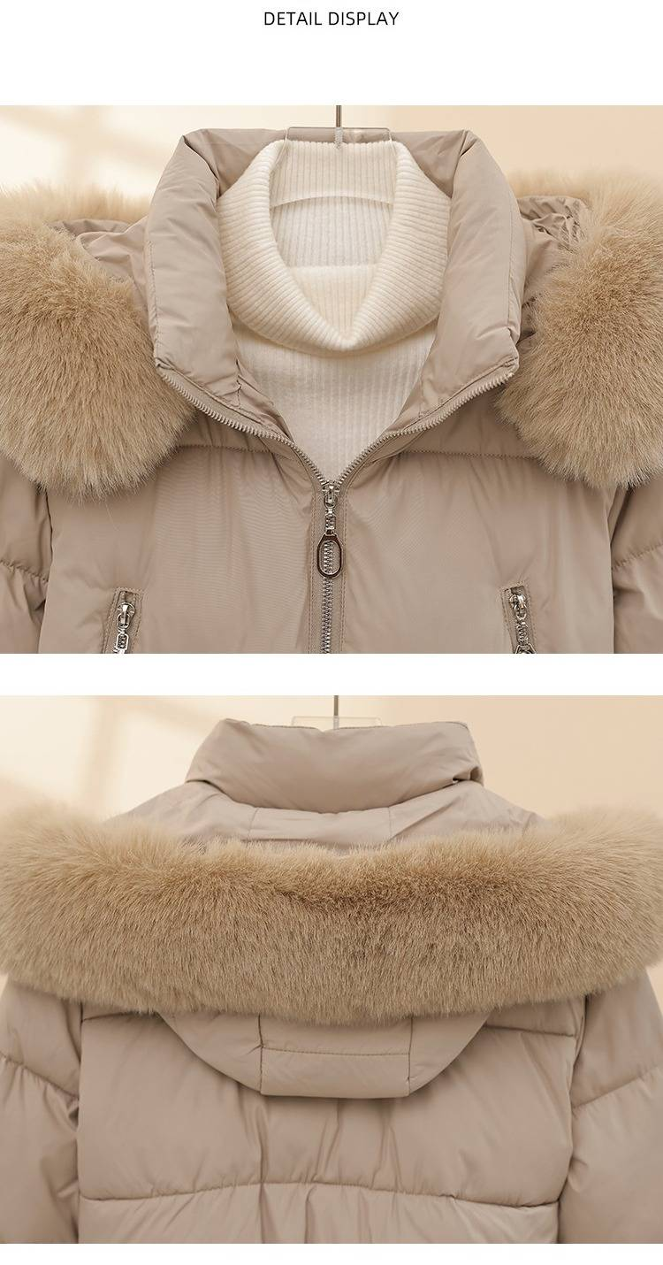 Dicke, kurze Pufferjacke für Damen mit Kunstpelzkapuze – warmer Wintermantel, schmale Passform, Taillenbetonung, Polyester-Außenmaterial, Kaninchenfellbesatz, lässige Oberbekleidung_voghion.com