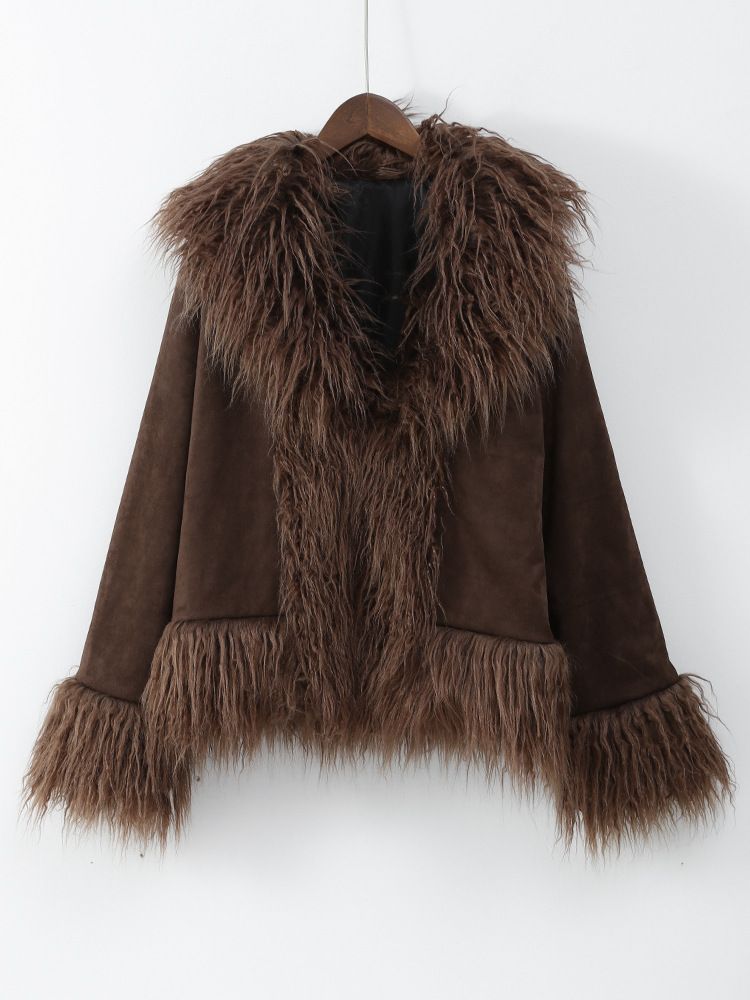 Women's Clothing Faux Fur Coat – Slim-Fit Long Sleeve Jacket With Plush Collar, Winter Outerwear (Dark Brown)_voghion.com