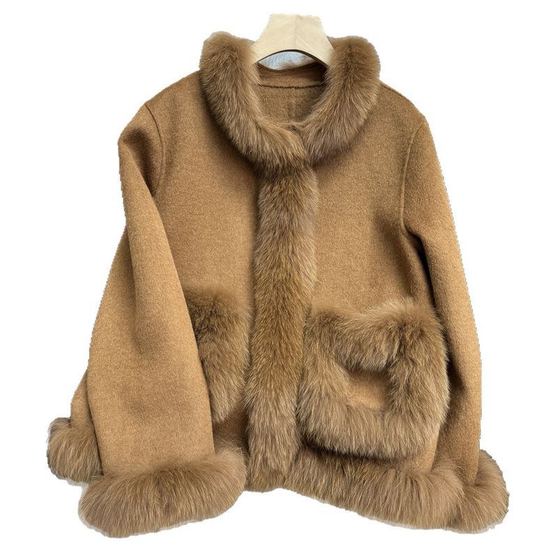 Damenbekleidung Neue Herbst- und Winterjacke aus australischer Wolle mit warmem Fellknopf, Fuchspelz, runder, doppelseitiger Pelz_voghion.com