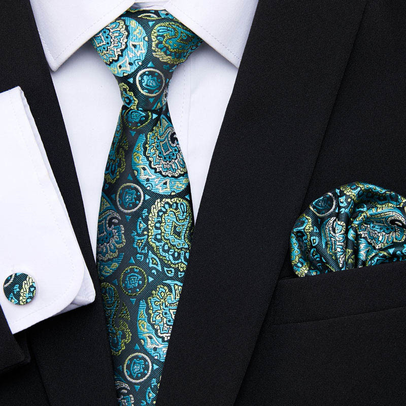 Korean version jacquard 7.5cm casual pocket scarf cufflink set men's floral tie_voghion.com