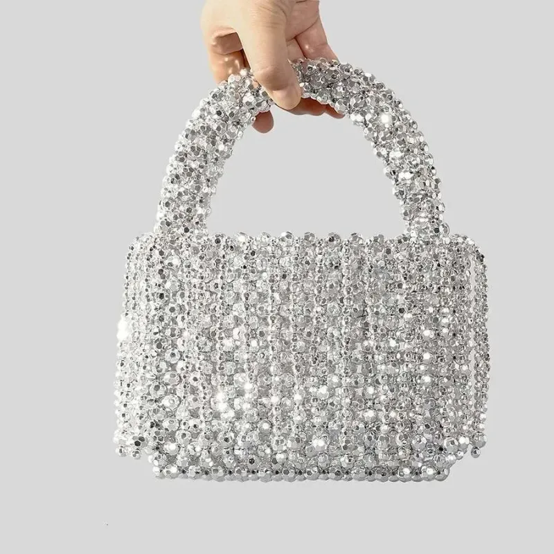 Designer 2025 Moda Acrilico Perline Nappa Donne Argento Perline Borse a Mano Fatte a Mano Tessuto Estate Spiaggia Piccola Borsa da Festa_voghion.com