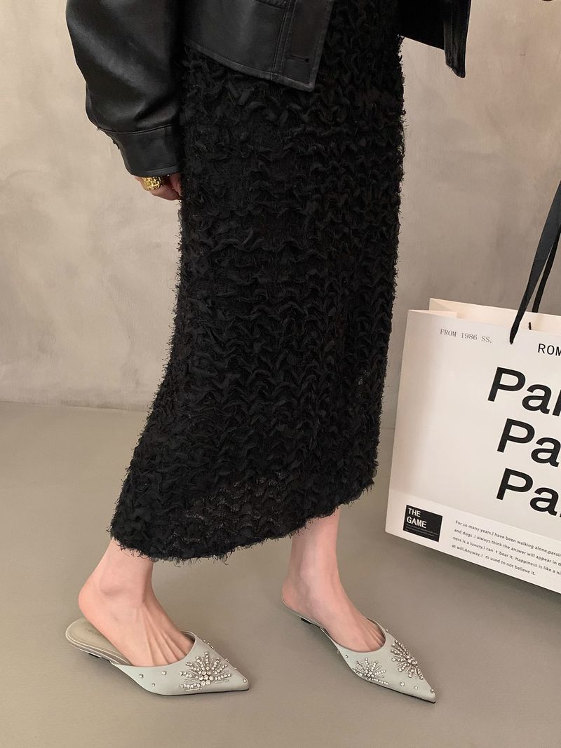 Pantofole a punta con tacco basso, fatte a mano, con motivo a gatto in mosaico di strass, infradito a mezza punta, scarpe casual da donna, comode pantofole per esterni_voghion.com