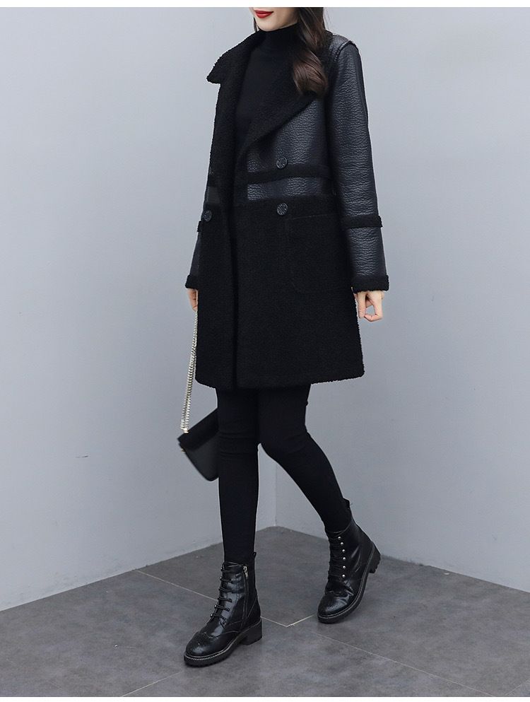 Pelliccia alla moda da donna con colletto spesso in velluto, indossa un cappotto ampio e grasso più in pelle su entrambi i lati_voghion.com