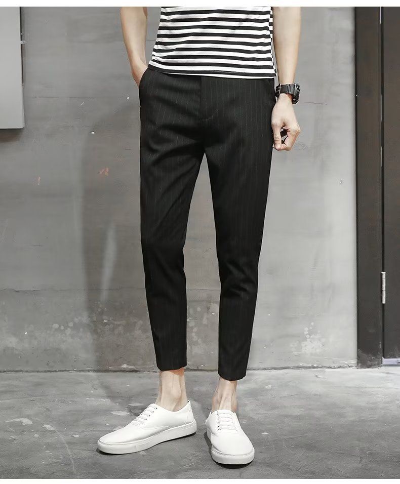 Men's Clothing slim fitting suit trousers for spring and summer, tall suit trousers with slim feet and vertical stripes, casual trousers for men_voghion.com