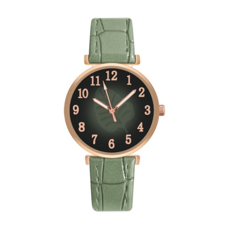 Women's Watches Fashion Digital Face Leather Quartz Watch Women Popular Simple Casual Leaf Pattern Wrist Watch + Bracelet Set_voghion.com