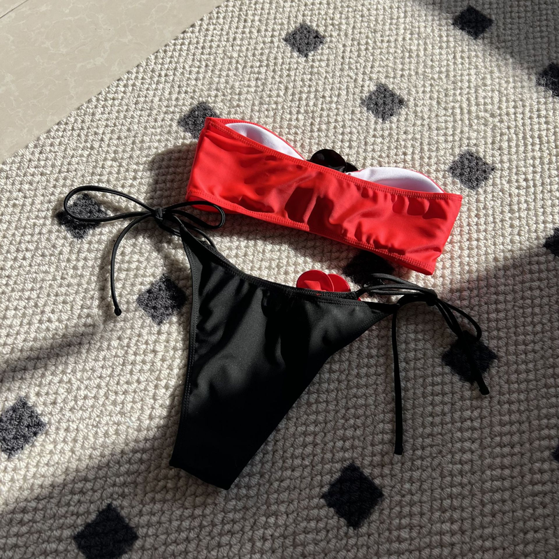 Dameskleding Kleur bijpassende rozen tube top met trekkoord bandjes split badpak bikini_voghion.com