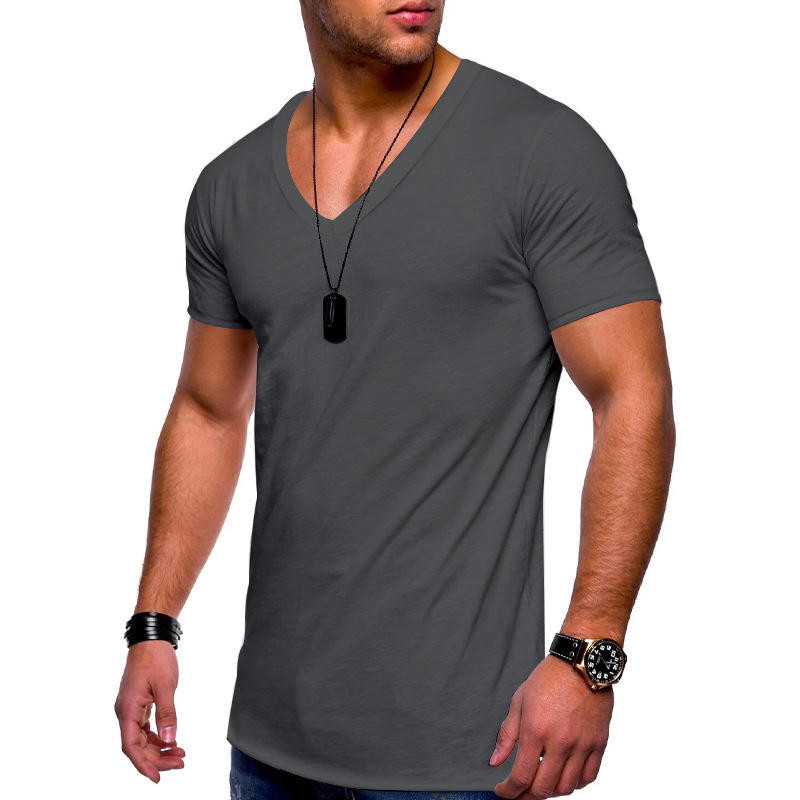 Men's v-neck solid color plus size casual short-sleeved t-shirt_voghion.com
