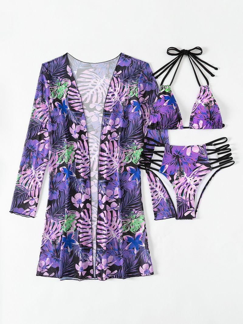 Roupas femininas estampa multicolorida moda sexy biquíni maiô de três peças para mulheres_voghion.com