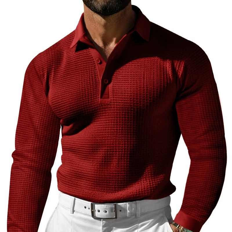 Herren-Poloshirt mit Waffelstrick und langen Ärmeln und Button-Down-Kragen – bequemes und stylisches Freizeit-T-Shirt für den Alltag_voghion.com