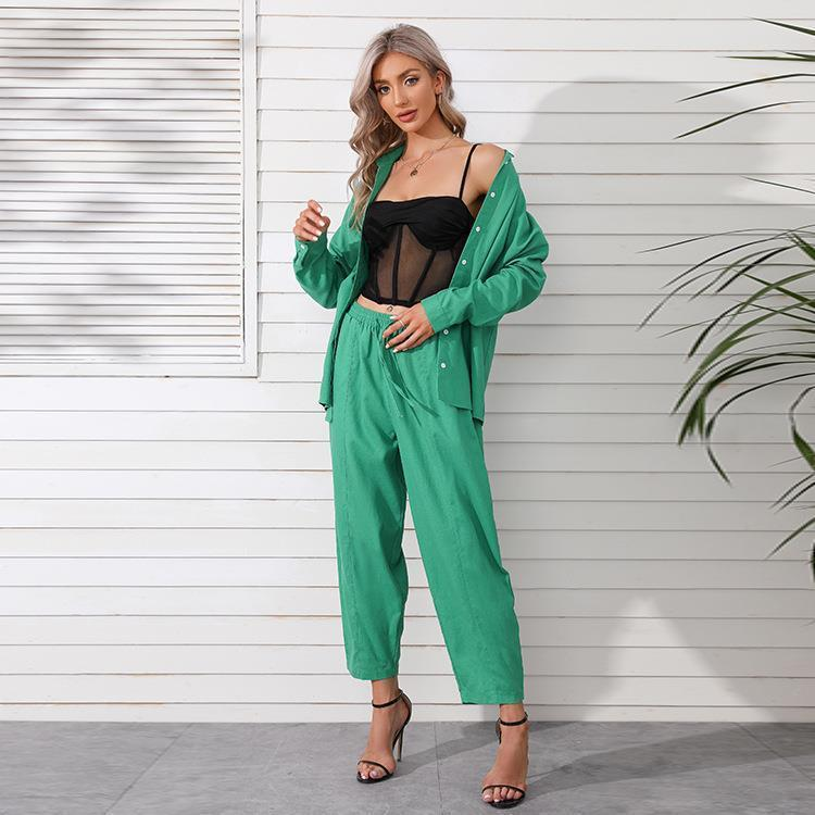 New European and American Casual Set Solid Color Polo Collar Long Sleeve Shirt Top Harlan Pants Two Piece Set_voghion.com