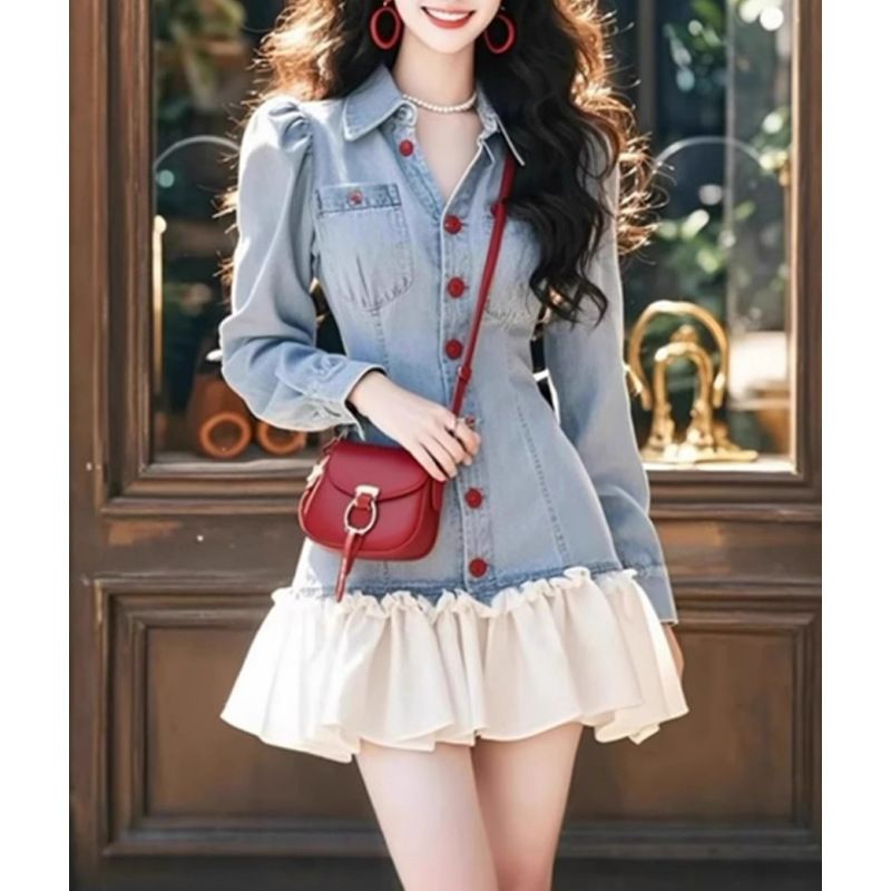 Abito in denim con cuciture in stile francese per donna, primavera 2025, con vita stretta e pantaloncini snellenti_voghion.com