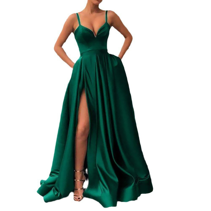 Women's Dress Slimming Solid Color Suspender Tail Banquet Satin Dress_voghion.com