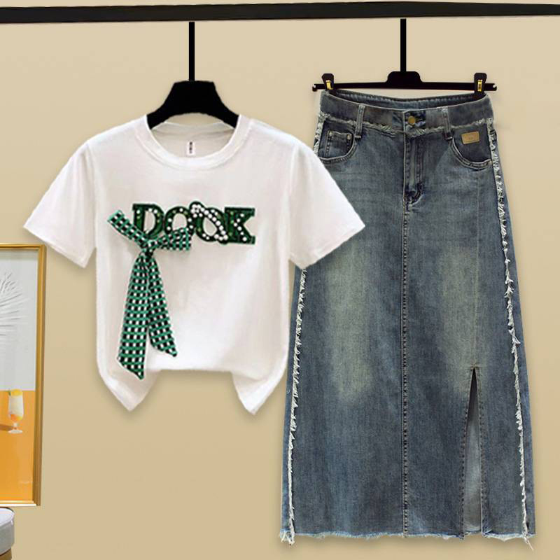 Women's Clothing new beaded bow short-sleeved T-shirt with split raw edge denim skirt_voghion.com