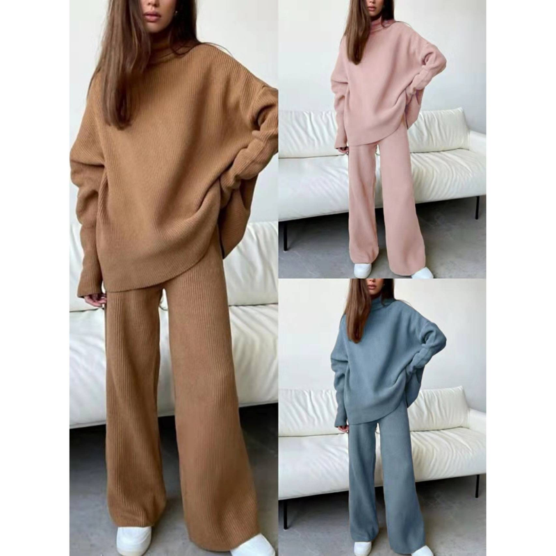 Women's Clothing long sleeved wide leg pants fashion loose high neck knitted casual two piece set_voghion.com