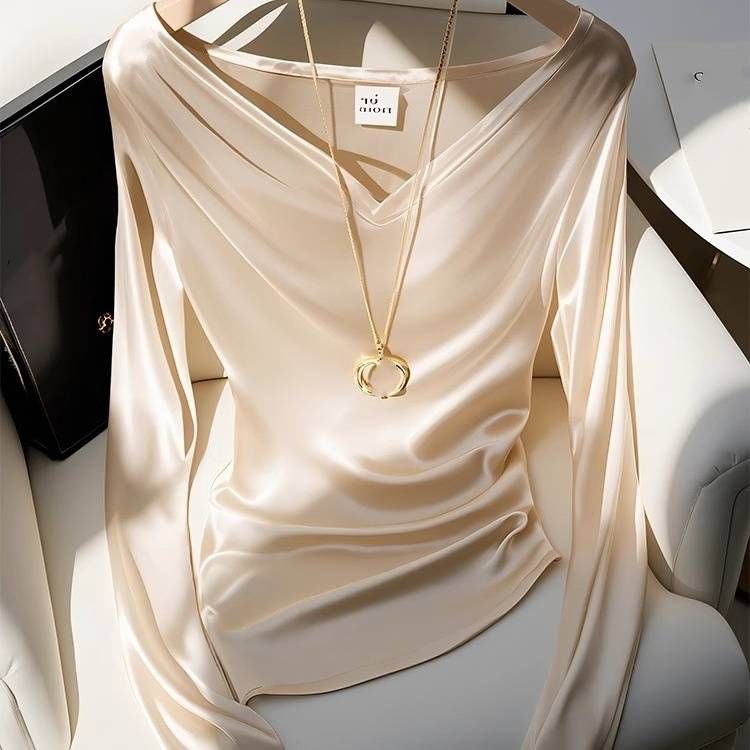 Damenbekleidung Champagner Farbe Top Temperament Langarm V-Ausschnitt T-Shirt Weiblich Sommer_voghion.com